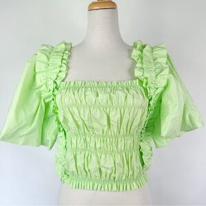 Zara Pastel Green Poplin Puff Sleeve Smocked Blouse | Size Large